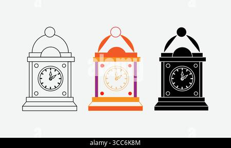 Set di orologi decorativi in stili di linea, colore e silhouette Illustrazione Vettoriale