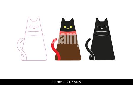 Tre illustrazioni Cat stilizzate in contorno, colore e silhouette Illustrazione Vettoriale