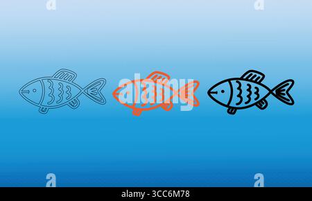 Pesce illustrato nelle varianti contorno, arancione e riempimento Illustrazione Vettoriale
