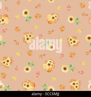 Bellissime zucche autunnali e girasoli senza cuciture. Zucca arancione acquerello, composizione autunnale, foglie e frutti di bosco, disegnata a mano. Foto Stock