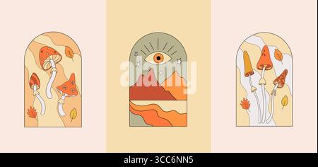 Poster vintage anni '70 in stile hippie. Paesaggio psichedelico retrò e illustrazione vettoriale dei funghi. Atmosfera autunnale Illustrazione Vettoriale