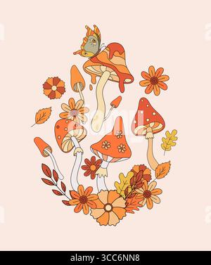 Illustrazione retrò dei funghi hippie degli anni '70, delle foglie e del vettore piatto della farfalla. Atmosfera autunnale vintage con elementi psichedelici in stile anni '80. Illustrazione Vettoriale