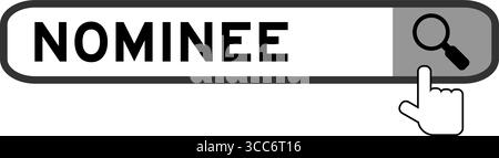 Cerca banner in Word Nominee con l'icona della lente di ingrandimento a mano su sfondo bianco Illustrazione Vettoriale