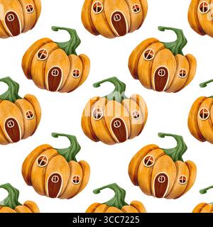 Motivo senza cuciture con divertente casetta delle zucche. Illustrazione ad acquerello disegnata a mano adatta per decorazione, stampa, tessuti Foto Stock