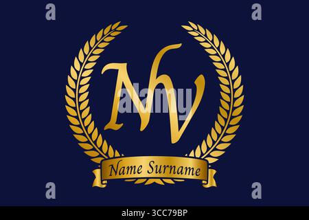 Lettera iniziale N e V, logo monogramma NV con corona in alloro. Emblema dorato di lusso con carattere calligrafico. Illustrazione Vettoriale