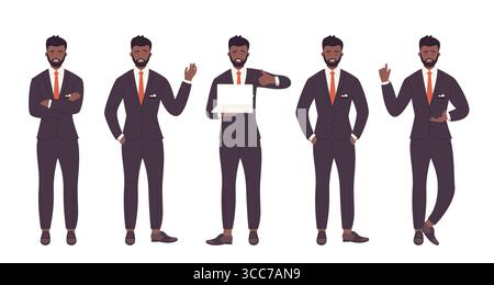 Uomo afroamericano uomo d'affari in tuta che mostra diversi gesti su un'illustrazione vettoriale isolata su sfondo bianco Illustrazione Vettoriale