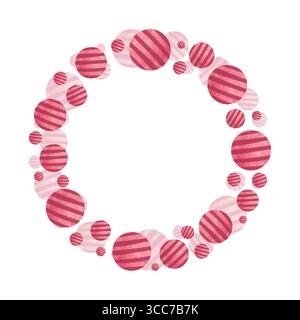 Allegra cornice circolare realizzata con palline a strisce color acquerello dai toni rossi. Perfetto per layout decorativi, inviti alla baby shower e biglietti d'auguri Foto Stock