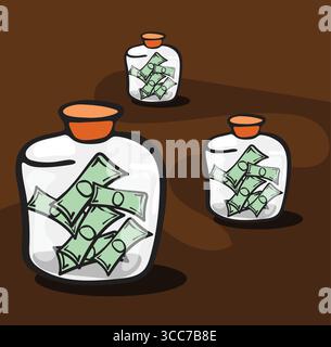 Risparmiare denaro in vasetti di vetro rappresenta un investimento e una sicurezza finanziaria Illustrazione Vettoriale