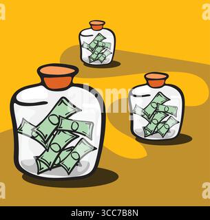 Risparmiare denaro in vasetti di vetro rappresenta un investimento e una sicurezza finanziaria Illustrazione Vettoriale