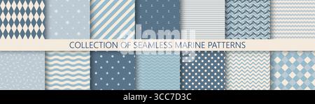 Collezione di semplici motivi geometrici di mare senza cuciture. Sfondo blu marino minimalista. Stampe tessili ripetibili con simboli Illustrazione Vettoriale