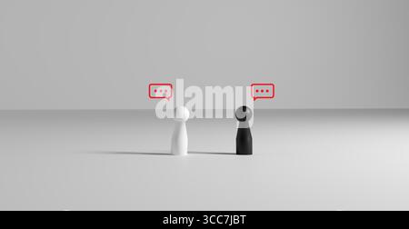 Illustrazione minimalista di bambole nere e pedone bianco uno di fronte all'altro con bolle di ellissi, che rappresentano una conversazione silenziosa, un disaccordo Foto Stock
