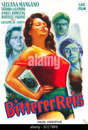 1949 Bitterer Reis (Bitter Rice) poster cinematografico tedesco, film drammatico neorealista italiano diretto e co-scritto da Giuseppe De Santis, prodotto da Dino De Laurentiis, con Silvana Mangano Foto Stock