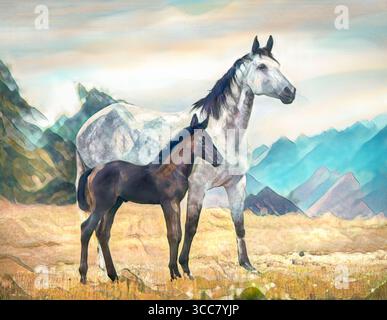 Cavolo di cavalli di Hannover e puledro di animali piccoli si ergono in piedi insieme con la nebbia mattutina sullo sfondo della montagna. Foto artistiche digitali stilizzate. Foto Stock