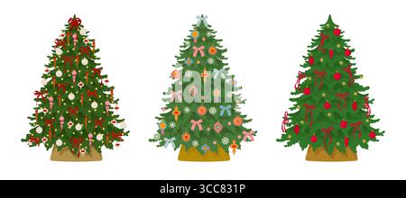 Set di alberi di Natale decorati con palle di vetro vintage, archi e ghirlande. Graziosa e accogliente illustrazione vettoriale Illustrazione Vettoriale