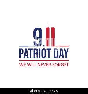 Vettore commemorativo minimalista per il Patriot Day con le audaci forme delle Torri Gemelle in rosso, che simboleggiano forza e unità. Adatto per poster, striscioni, t-shirt Illustrazione Vettoriale