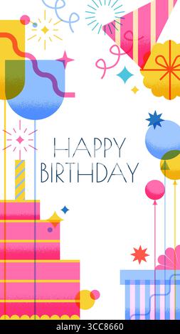 Striscione verticale vettoriale per festività con torta di compleanno, candela, regalo, champagne, palloncini e coriandoli. Elementi di design per l'invito alla festa, g Illustrazione Vettoriale