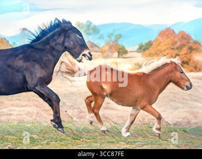 Gli amici adulti di mulo e pony giocano sul campo. Foto artistiche digitali stilizzate. Foto Stock