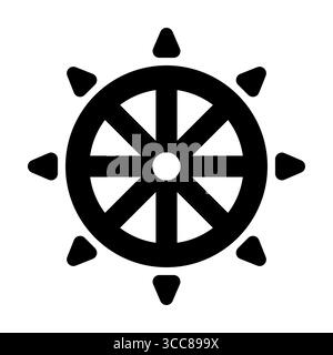 Simbolo del buddismo Dharmachakra (ruota del Dharma). Semplice icona in bianco e nero, design tatuaggio. Illustrazione grafica del clip vettoriale isolato. Illustrazione Vettoriale