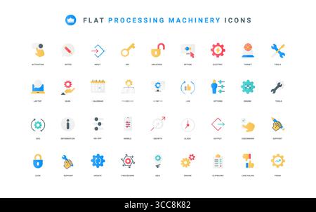 Supporto del processo, ingranaggi con frecce e cursori delle impostazioni simboli sottili illustrazione vettoriale. Ingranaggi di lavorazione, ruota dentata di meccanismo e macchinari, set di icone piatte per utensili di riparazione Illustrazione Vettoriale