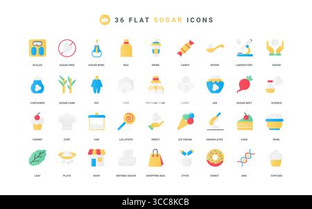 Zucchero e dolcificanti naturali per dessert e caramelle degli chef, set di icone di tè e caffè. Raffinati cubetti di zucchero in piatto e vaso, cucchiaio e mano, foglia di stevia e scala elementi piatti illustrazione vettoriale Illustrazione Vettoriale