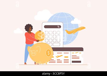Donna che mette la moneta nel salvadanaio. Pianificazione di una vacanza, concetto di risparmio. Biglietto di viaggio, calcolatrice e globo in background. Budget per i viaggi. Risparmiare denaro per le vacanze. Illustrazione Vettoriale