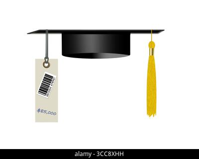 Un cappello di laurea è visto con una nappina d'oro e un prezzo per il costo di un'istruzione universitaria in un'illustrazione in 3D sui costi dell'istruzione. Foto Stock
