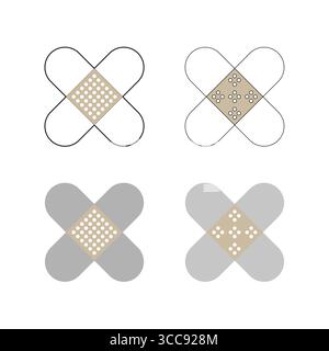 Icone di fasciature incrociate. Simboli sanitari medici. Vector di pronto soccorso. Illustrazione della patch adesiva. Illustrazione Vettoriale