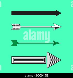 Illustrazione a quattro frecce. Frecce di stile diverse. Vettore simboli di direzione. Nero/verde/bianco. Illustrazione Vettoriale
