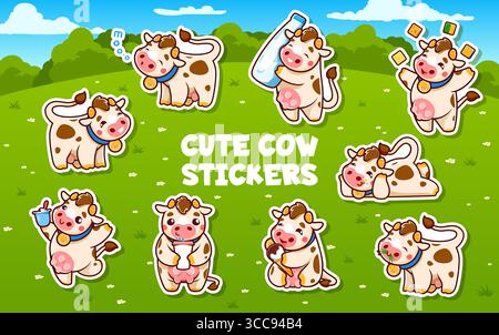 Confezione di adesivi dei personaggi delle mucche dei cartoni animati. Macchie con simpatici e simpatici animali da latte sullo sfondo verde del campo con latte, erba, fiori e cielo blu. Arredamento vettoriale per bambini, articoli per il fai da te e decorazioni per bambini Illustrazione Vettoriale