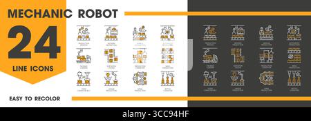 Icone della linea di produzione di robot meccanici, produzione automatica e manuale. Delineare il set vettoriale di nastri trasportatori di fabbrica, imballaggi, bracci di produzione robotizzati e processi di automazione cartelli lineari moderni Illustrazione Vettoriale