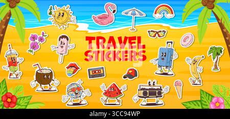 Confezione di adesivi per personaggi da viaggio e tempo libero. Spiaggia vettoriale cartoni animati e patch retrò per le vacanze estive. Frutta Y2K, bevande, valigia, papaveri, cocco, banana e flamingo, anguria, ballo da discoteca Illustrazione Vettoriale