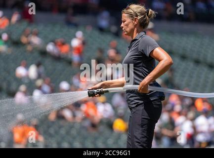 Baltimora, Stati Uniti. 10 agosto 2025. BALTIMORE, MD - 10 AGOSTO: L'equipaggio degli Orioles Grounds prepara il campo prima di una partita della MLB tra i Baltimore Orioles e gli Athletics il 10 agosto 2025, all'Oriole Park a Camden Yards, a Baltimora, Maryland. (Foto di Tony Quinn/SipaUSA) credito: SIPA USA/Alamy Live News Foto Stock