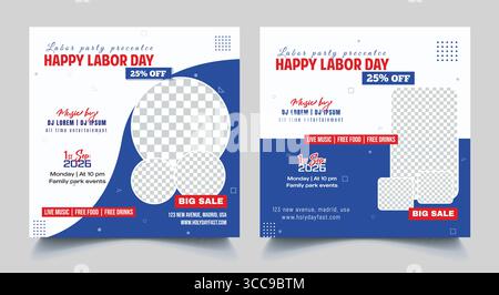 Modello post-progettazione per il primo giorno del lavoro. Poster della campagna e del post sui social media della Festa del lavoro 1° settembre celebrazione con illustrazione di sfondo bianco e blu Illustrazione Vettoriale