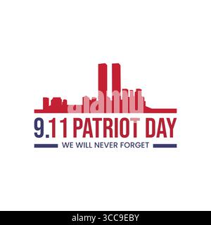 Design semplice ma potente per il Patriot Day con una silhouette rossa dello skyline di New York e delle Twin Towers. Uno stile vettoriale pulito, perfetto per la stampa, Illustrazione Vettoriale