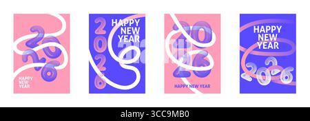 Poster in grassetto per il felice anno nuovo 2026 con numeri a mezzitoni in un layout moderno. Sfondo rosa e blu, nastri bianchi dinamici. Set vettoriale trendy per Illustrazione Vettoriale