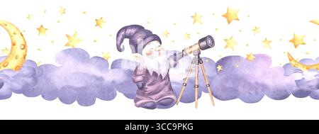L'astronomo GNOME guarda attraverso il telescopio sulla luna crescente, le stelle nella nuvola, il bordo senza cuciture ad acquerello per il design dei bambini. Illustrazione elf. Disegnata a mano Foto Stock