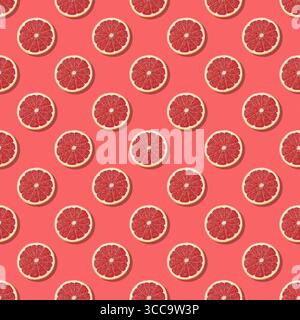 Concetto di cibo creativo a base di frutta e caramelle. Agrumi rosa su sfondo senza cuciture. Fetta di pompelmo fresco su sfondo rosa. Foto Stock