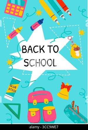 forniture scolastiche su sfondo blu con zaino e pastelli. Poster didattico di ritorno a scuola con libri, matite e vivaci oggetti scolastici. ID Illustrazione Vettoriale
