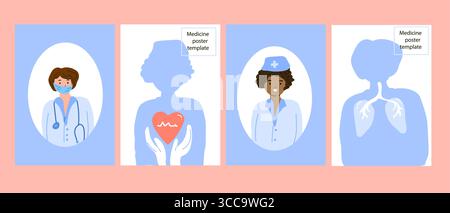 Serie di manifesti medici con ritratti di medici e infermieri in cornici ovali, insieme a silhouette - infermiera con il simbolo del battito cardiaco e donna con i polmoni. Illustrazione Vettoriale