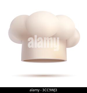 Cappello da chef isolato su sfondo bianco. Illustrazione vettoriale. Elementi di uniforme culinaria. Realistica illustrazione 3d di un classico cappello bianco dello chef. Illustrazione Vettoriale