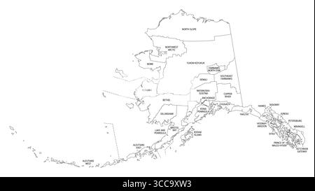 Stato dell'Alaska, quartieri e aree di censimento, mappa di contorno. Stato sull'estremità nord-occidentale del Nord America, nella regione occidentale degli Stati Uniti. Foto Stock