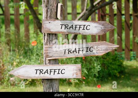 Concetto di sviluppo della trasformazione digitale delle città intelligenti. Copia spazio. Indicazioni STRADALI scritte su cartelli in legno che indicano le direzioni di movimento. Foto Stock