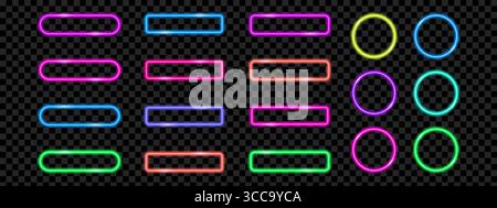 Set di pulsanti di luminosità al neon con varie forme e colori. Elementi vettoriali per Web e dispositivi mobili Illustrazione Vettoriale