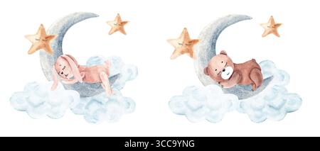 Set di composizioni per la notte del bambino con acquerello. Coniglio o orsacchiotto dormono sulla luna con nuvole e stelle. Illustrazione disegnata a mano in stile vintage per Foto Stock