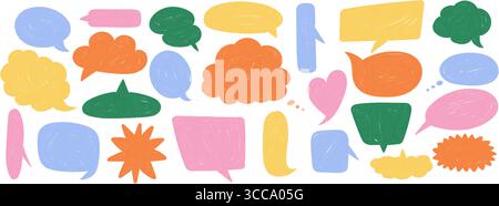 Doodle Crayon Speech Bubbles Set. Dialoghi fumetti disegnati a mano e palloncini pensati. Frame vettoriali per testo e comunicazione. Illustrazione Vettoriale