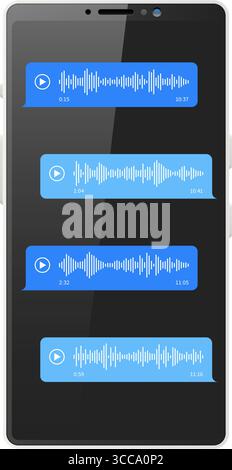 Schermo realistico dello smartphone con messaggi vocali. Registrare i messaggi audio per la chat telefonica. Tecnologia di comunicazione. Onda sonora digitale. Messeng mobile Illustrazione Vettoriale