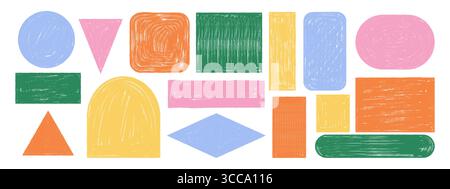 Raccolta di cornici di testo grezze pastello. Contorni disegnati a mano con una texture pastello di cera. I bambini scarabocchiano elementi per poster, carte e compagno educativo Illustrazione Vettoriale