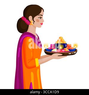 Illustrazione di una graziosa donna indiana con un tradizionale abbigliamento arancione e viola che regge un vassoio festoso pieno di diya e dolci luccicanti. Questo imag Illustrazione Vettoriale