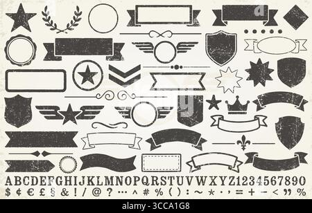 Set di francobolli retro Grunge con lettere. Confezione di bordi per francobolli vuoti e rotondi con testo nero. Modello timbro post vuoto Illustrazione Vettoriale