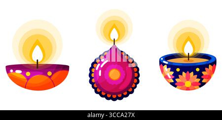 Un set di tre candele diya splendidamente decorate e illuminate. Ogni candela presenta un design unico e colorato con motivi intricati e bagliore Illustrazione Vettoriale